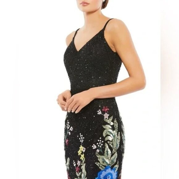 Mac Duggal 5475 Floral Embellished Spaghetti Strap Gown Size 0 NWT Black Multi - Picture 2 of 6
